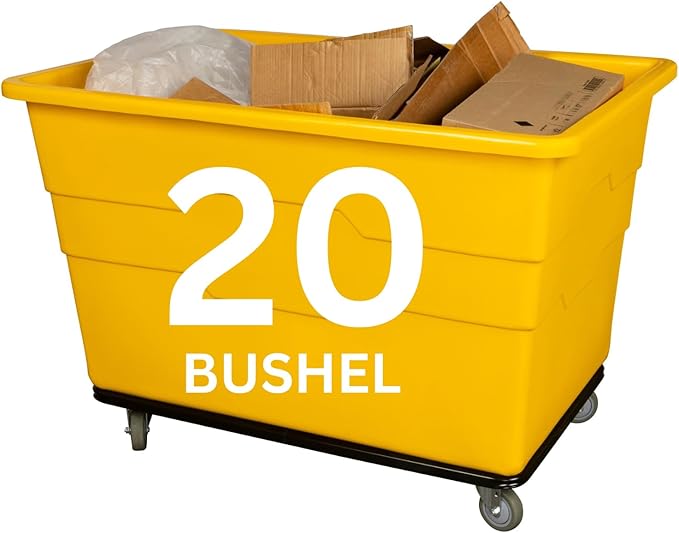 Commercial 20 Bushel Utility Cart with Steel Base, Poly Box Basket Truck, Laundry Cart, and Rolling Trash Bin, 51.5-Inch x 35.5-Inch x 36-Inch, 1000 Pound Weight Capacity, Yellow