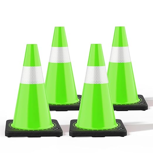 (4 Pack) BATTIFE Traffic Cones 18 Inch with Black Weighted Base, PVC Green Cone for Traffic Control,Construction Events, Driveway Road Parking Lot