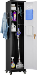 Aobabo 72" H Broom Closet Storage Cabinet, Lockable Metal Cleaning Storage Cabinet with Hooks for Home, Assembly Required Black Gray