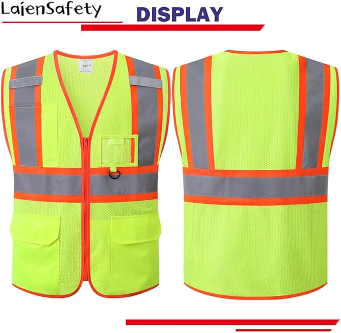 Hi Vis Reflective Safety Vest for Men Women Class 2 Mesh High Visibility Vest with Pockets and Zipper Front,Meets ANSI/ISEA Standards(EK1-178-Yellow-L)