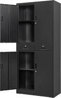 Metal Storage Cabinet, 71" Locking Storage Cabinet with Adjustable Shelves and 2 Drawers, Steel Cabinets for Office, Garage, Home, School, Utility Room(Black)