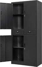 Metal Storage Cabinet, 71" Locking Storage Cabinet with Adjustable Shelves and 2 Drawers, Steel Cabinets for Office, Garage, Home, School, Utility Room(Black)