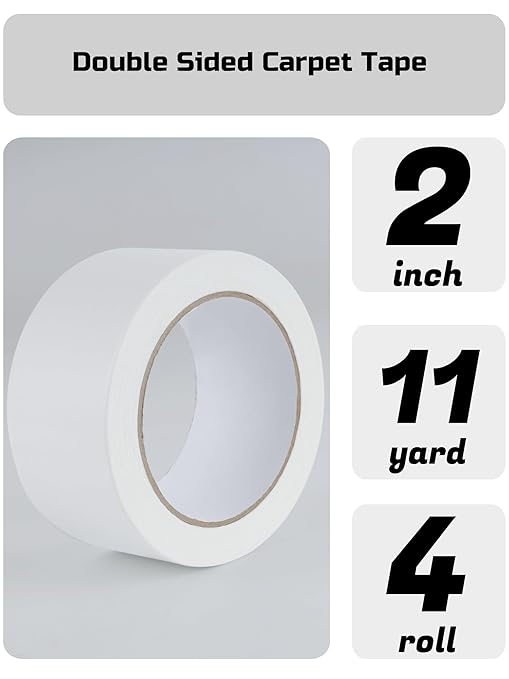 Lichamp Double Sided Carpet Tape 2" x 44 Yards, Hardwood Floors Carpet Tape for Area Rugs On Carpet Tile Stickers Rug Gripper Tapes, 11 Yards x 4 Rolls