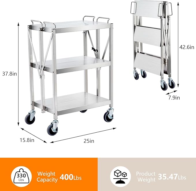 Upgraded Superior Foldable Stainless Steel Utility Cart, 300 LBS Heavy - Duty Load Limit, 3 - Tier Extra - Large Storage with Lockable 360° Rotating Wheels, Heavy - Duty Rolling Cart for Restaurant, G