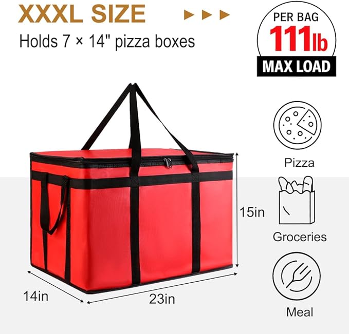 XXXL Insulated Food Delivery Bag - Reusable Thermal Cooler Grocery Bags for Catering & Delivery, Pizza Carrier for Events, Large Capacity Bag Keeps Food Hot/Cold for Shopping, Commercial (Red, 1PK)