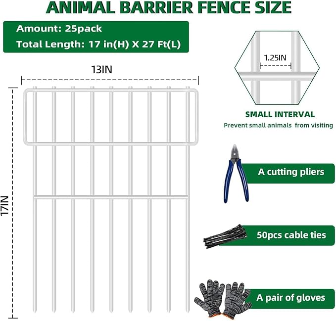 25 Panels Garden Fencing Animal Barrier, 17in (H) X 27ft (L) No Dig Dog Fence, 1.25 in Gap Fence Border for Dogs Rabbits, Rustproof Metal Decorative Fences Blocker for Outdoor, Yard, Patio, White
