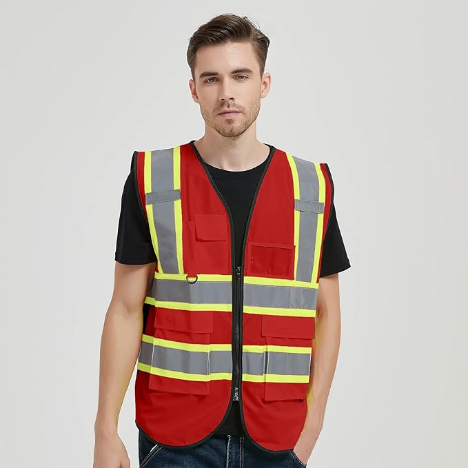 Safety Vest Reflective High Visibility with 5 Pockets ＆Zipper Class 2 Adult Unisex Construction Security Workwear