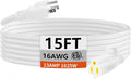 HUANCHAIN Indoor Outdoor White Extension Cord 15 ft Waterproof, 16/3 Gauge Flexible Cold-Resistant Appliance Extension Cord Outside, 13A 1625W 16AWG SJTW, 3 Prong Electric Cable, ETL
