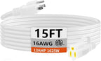 HUANCHAIN Indoor Outdoor White Extension Cord 15 ft Waterproof, 16/3 Gauge Flexible Cold-Resistant Appliance Extension Cord Outside, 13A 1625W 16AWG SJTW, 3 Prong Electric Cable, ETL