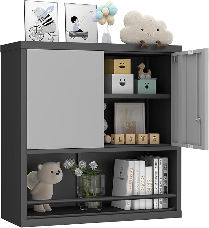 GREATMEET 31" H Garage Storage Cabinets, Lockable Storage Cabinet, Metal Wall Cabinet with Doors for Garage, Black&Grey