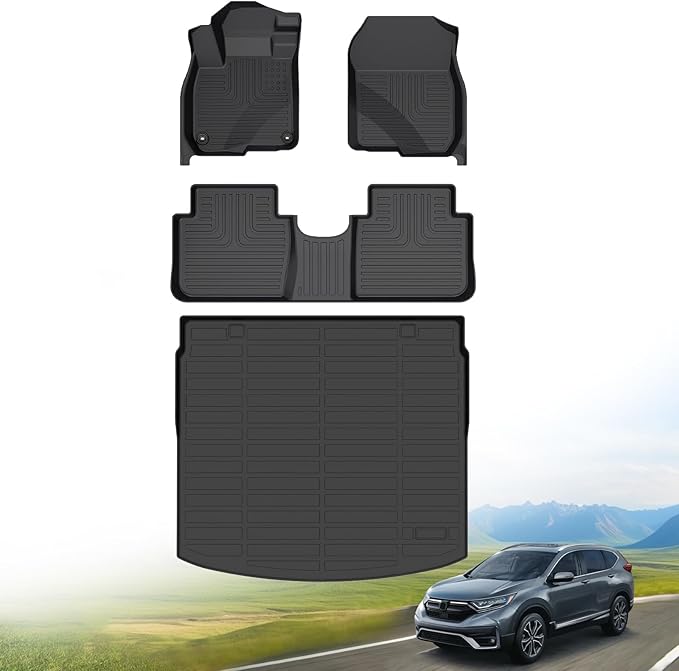 Hutisya-Floor Mats & Cargo Liner Set Fit for Honda CR-V 2017-2022 (Deck in Upper Position) (Not for Hybrid) All Weather Protection Anti-Slip & Durable TPE Full Set Liners Automotive Accessories-Black