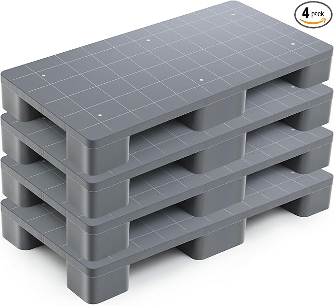 4 Pcs Plastic Pallet for Basement Storage Easy Stack Lightweight Floor Pallet Display Flooring Room Supermarket Christmas, Support up to 2000 Lbs (40'' L X 20'' W X 5.5'' H,Grey)