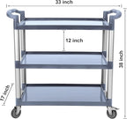 3-Tier Plastic Service Utility Cart with Wheels, Heavy Duty 3-Shelf Rolling Utility/Push Cart for Foodservice/Commercial/Restaurant/Office/Kitchen/Hotel, Grey