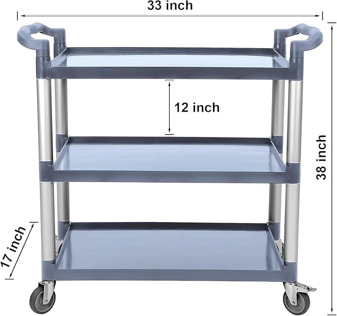 3-Tier Plastic Service Utility Cart With Wheels, Heavy Duty 3-Shelf Rolling Push Cart for Home, Restaurant, Office, Foodservice, Kitchen, Hotel, Commercial, Party - Grey