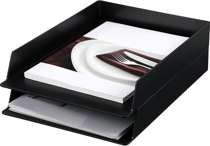 Wenqik 2 Pcs Stackable Paper Trays Rectangular Plastic Desk Holder Desktop Document File Organizer Storage Letter for Office Classroom (Black)