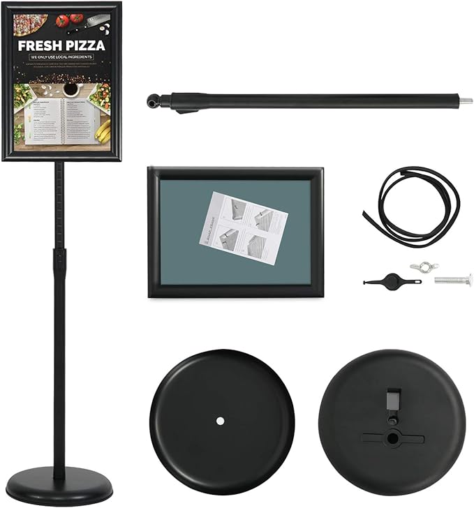 8.5 x 11 Inch Adjustable Pedestal Sign Poster Stand, Heavy Duty Floor Standing Sign Stand Aluminum Snap Open Display Frame for Vertical and Horizontal View Sign Displayed(Black)