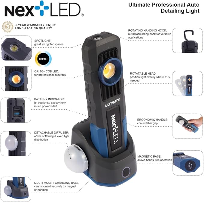 NextLED Ultimate NT-6692M Professional Rechargeable Auto Detailing Light, CRI 96+ Color Match & Ceramic Coating Light, 5 Color Temps, 500 Lumens, W/Light Diffuser, IPX6, 3-Year Warranty