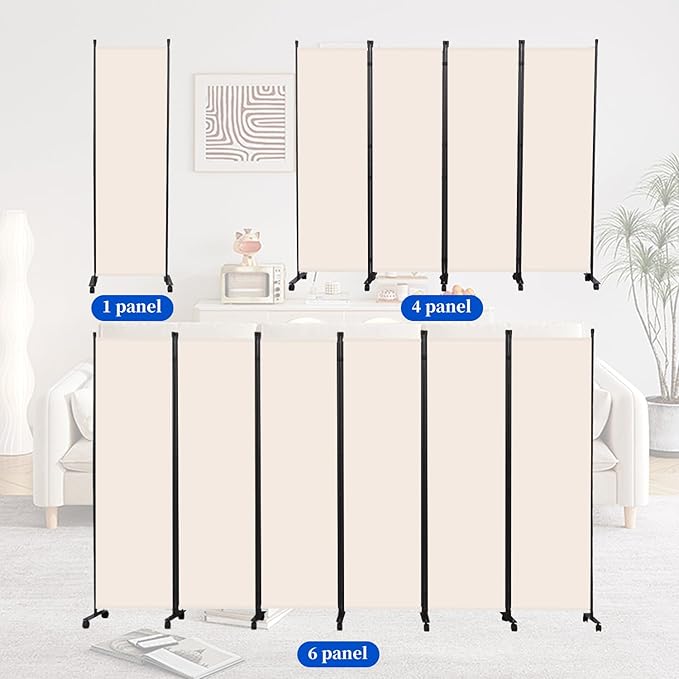 Room Divider 6FT Room Partition with Lockable Wheels, (Thicked Metal Base) Room Dividers, Freestanding Indoor Folding Privacy Screens, Portable Fabric Wall Divider for (Beige, 21.5"- 1 Panel)