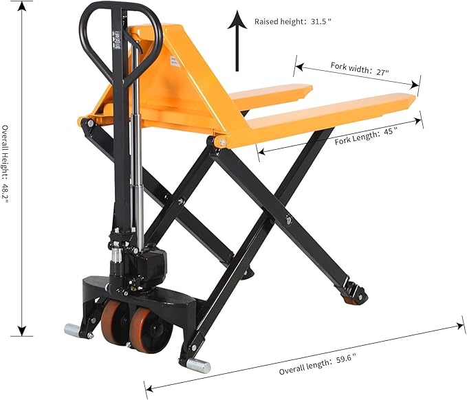 APOLLO Scissor Pallet Jack - Manual High Lift Pallet Truck, 45 x 27 Forks, 2200 lbs Capacity, 31.5" Lifting Height, Only for Open-Bottom Pallets