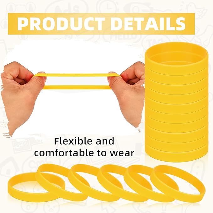 100 Pieces Rubber Bands For Silicone Bracelets, Bulk Plain Stretch Sports Elastic Rubber Wristbands For Teens, Party, Gift-Yellow