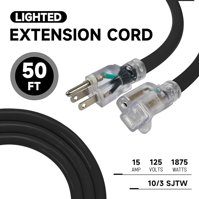 EP 50 Ft Lighted Outdoor Extension Cord - 10/3 SJTW Heavy Duty Black Extension Cable with 3 Prong Grounded Plug for Safety, UL Listed
