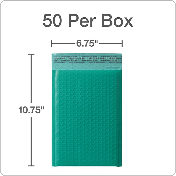Quality Park Bubble Mailers, 6" x 9", Turquoise Poly Mailers, Padded Envelopes, Shipping Bags, Water Resistant, Self Seal, 50 Per Box (QUA85913)
