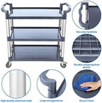 3-Tier Plastic Service Utility Cart With Wheels, Heavy Duty 3-Shelf Rolling Push Cart for Home, Restaurant, Office, Foodservice, Kitchen, Hotel, Commercial, Party - Grey