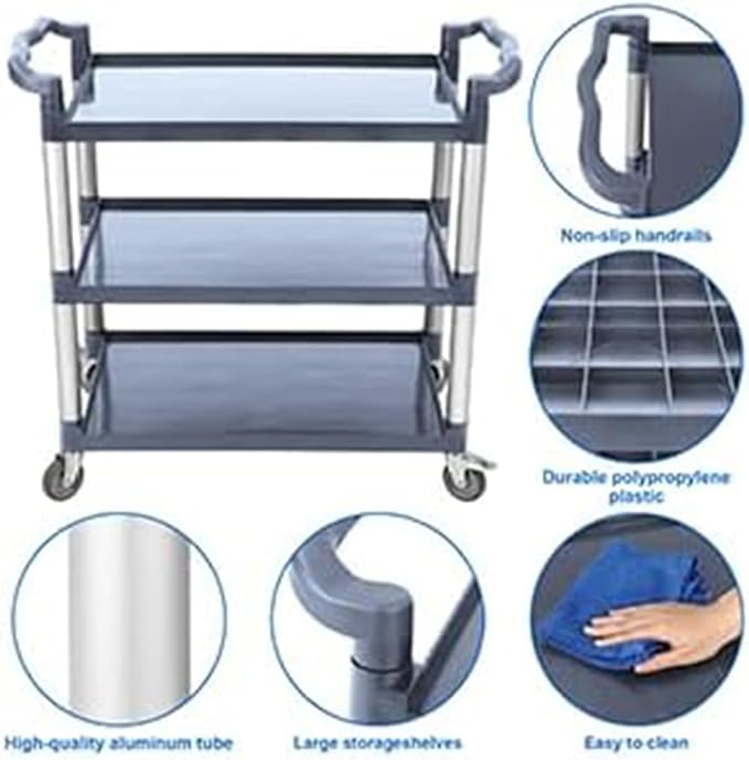 3-Tier Plastic Service Utility Cart With Wheels, Heavy Duty 3-Shelf Rolling Push Cart for Home, Restaurant, Office, Foodservice, Kitchen, Hotel, Commercial, Party - Grey