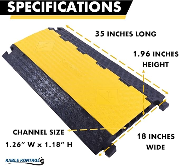 Kable Kontrol Atlas Cable Protector Wire Ramp - 5 Channel – 1 Pc - 35” Long Black & Yellow - 24000 Lbs Load Capacity - Rubber Speed Bump Wire Protector Cord Cover - CP9975