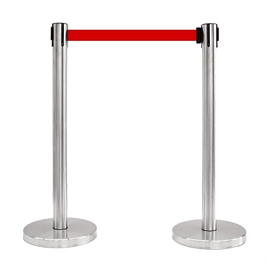 VIP Crowd Control Retractable Belt Stanchion Queue Safety Barrier Set, 36" Ht, 78" Belt + Wall Bracket (6 Satin Stainless Posts Red Belt + SFrame + WBracket)