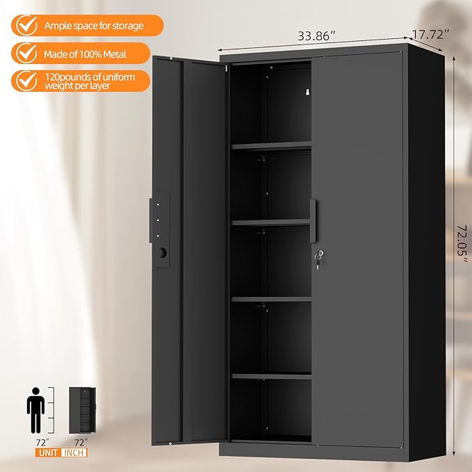 72" H Metal Garage Cabinet,Metal Lockable Storage Cabinet with 2 Doors, Locking Tall Garage Storage Cabinets with Adjustable Shelves,Tool Cabinets for Home Office,Gym,School (Black)