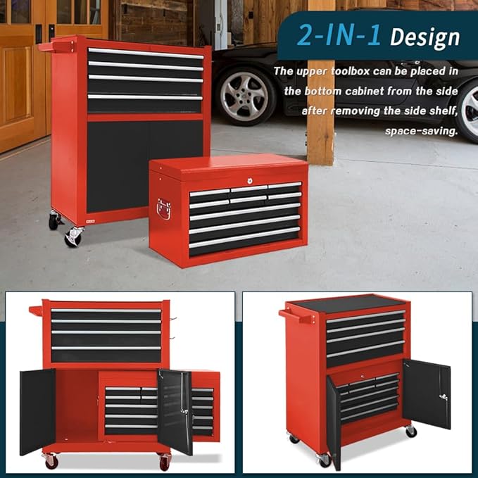 13-Drawer Rolling Tool Chest with Double Door, Extra Large Storage Cabinets with Tool Box, 2-in-1 Detachable Design, 600 lbs Capacity with Lockable Wheels for Garage, Mechanic & Home Use (Red＆Black)
