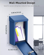 Uniclife Key Drop Box for Outside, Blue Metal Donation Box Collection Boxes with Key Lock, Safe Suggestion Boxes, Wall Mounted Mailbox with Top Slot, Steel Cash Drop Chest for Office Business