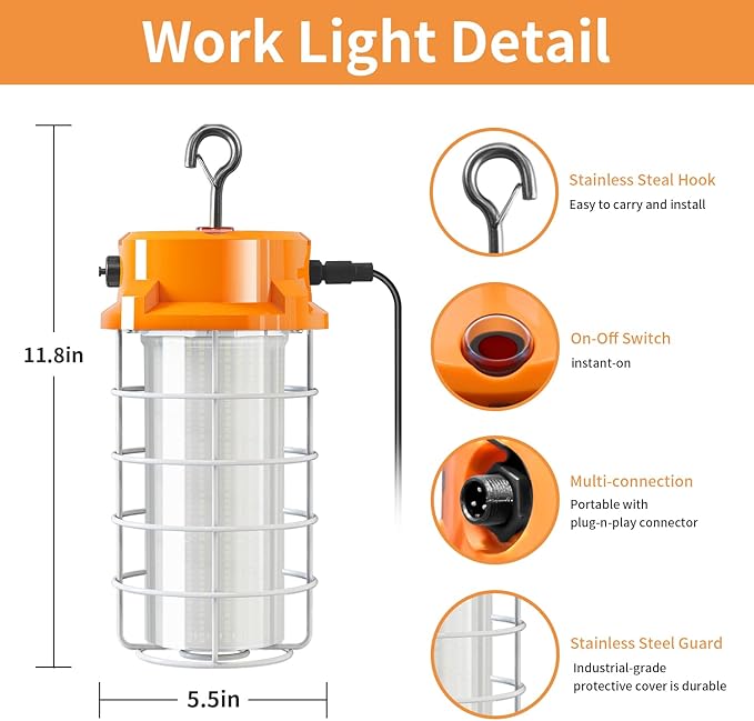 120W LED Temporary Work Light 18000Lm 5000K Daylight White Portable Hanging Construction Lighting Led High Bay Light for Workshop Mine Job Site Lighting