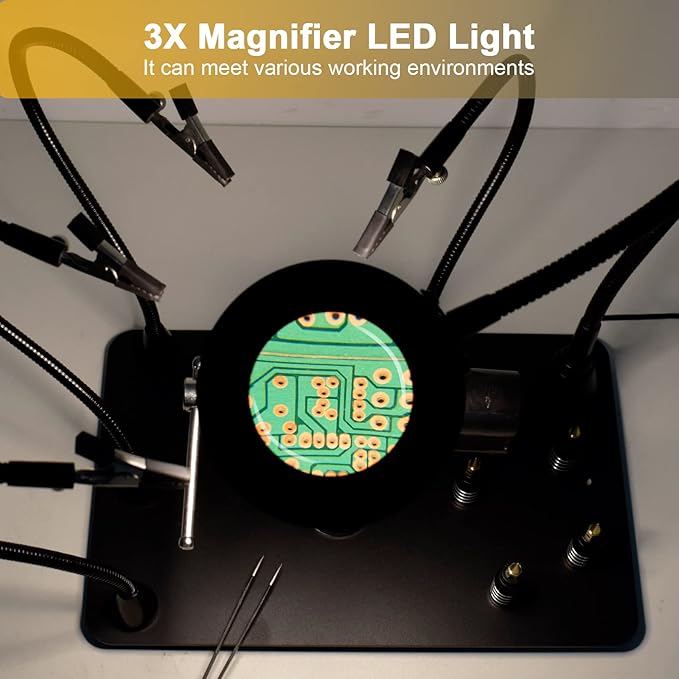 Magnetic Helping Hands Soldering Third Hand, PCB Circuit Board Holder with 3X LED Magnifying Lamp, 360 Hot Air Gun Holder, Extra Large & Heavy Duty Base Plate | Flexible Arms for Soldering Station