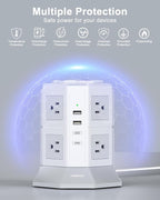 Tower Surge Protector Power Strip Flat Plugs with 8 Outlets 4 USB Ports (2 Type C), 6.5 FT Flat Extension Cord with Multiple Outlets, Charging Station with Surge Protection for Home Office Dorm