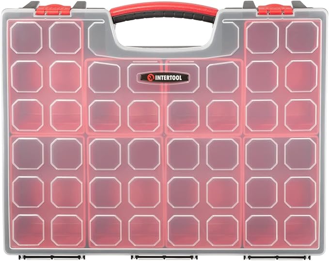 INTERTOOL Hardware Organizer with 8 Deep Removable Bins - Small Parts Storage Tool Box for Nuts, Bolts, Screws, Nails - 16.5" x 13" x 4.5" - Portable Handle Transparent Lid with Locks BX08-4034