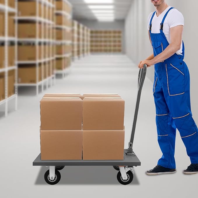 2000LBS Capacity Platform Truck Cart with 360° Rotatable Handle, Heavy Duty Flatbed Hand Truck with 4 Wheels, Industrial Flat Dolly Cart for Factory Warehouses, Garages, Homes