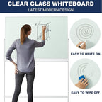 TSJ-OFFICE Rolling Glass Whiteboard on Wheels - 48" x 32" Magnetic Mobile Dry Erase Board with Stand, Large Rolling White Board with 25 Sheets Paper Pad, Transparent Tempered Glass Board Office, Home