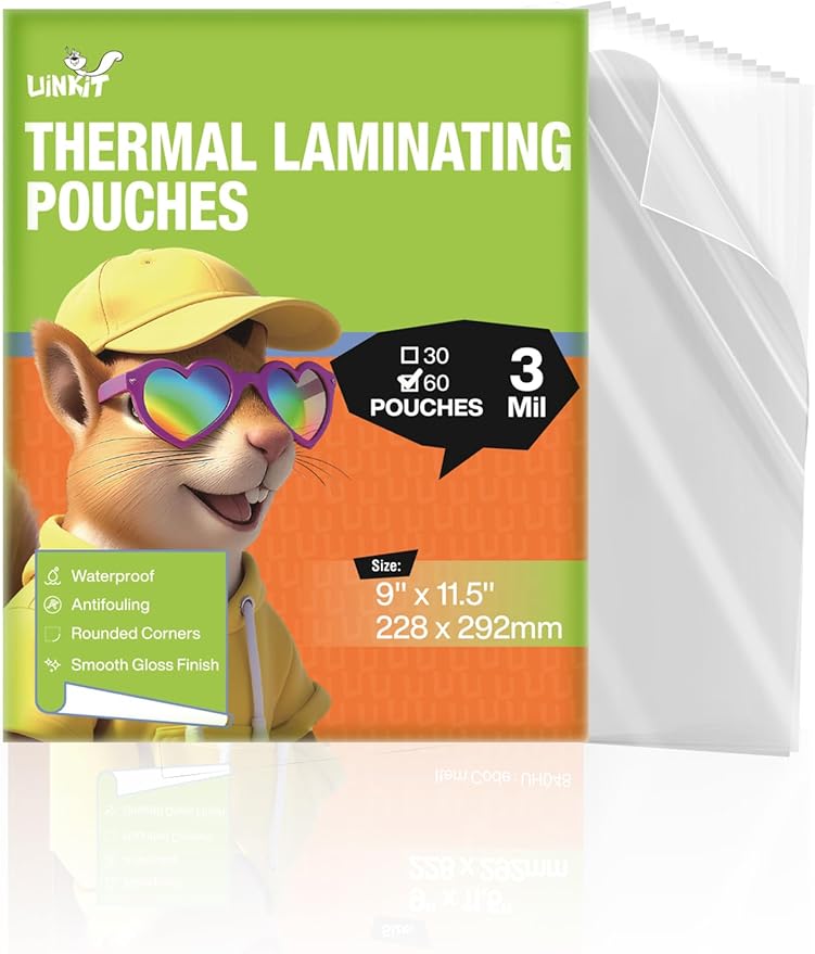 Uinkit 3Mil Thermal Laminating Pouches, 60-Pack Letter Size (8.5x11 Inches) - Popular Pack for Teachers, Home Office - Crystal Clear, Thermal Laminating Sheets for Projects & Documents, Laminator Need