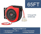 Retractable Extension Cord Reel, 65 Feet 12 AWG/3C SJTOW Heavy Duty Power Cord,15 AMP Circuit Breaker, 3-Lighted Triple Outlets, Ceiling or Wall Mount Use