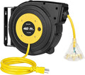 DEWENWILS 40FT Retractable Extension Cord Reel, Heavy Duty Power Cord Reel with 3-Lighted Triple Outlets, 12AWG/3C SJTOW Cord, 15A Circuit Breaker, Wall/Ceiling Mounted, UL Listed, Yellow