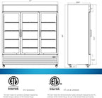 Merchandiser Refrigerator 3 Glass Door, 56 cu ft Beverage Display Cooler, Commercial Upright Fridge with LED Lighting, Adjustable Shelves for Displaying Beverages, Beer, and Drinks, Black