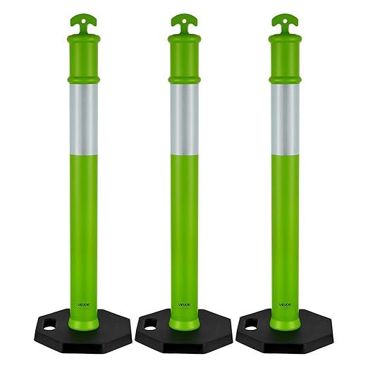 VEVOR 3 Pack Traffic Delineator Posts, 48 inches Traffic Safety Cones with Weighted Base and Reflective Strips, Heavy Duty Delineator Posts for Construction Site, Parking Lot, Crowd Control, Green