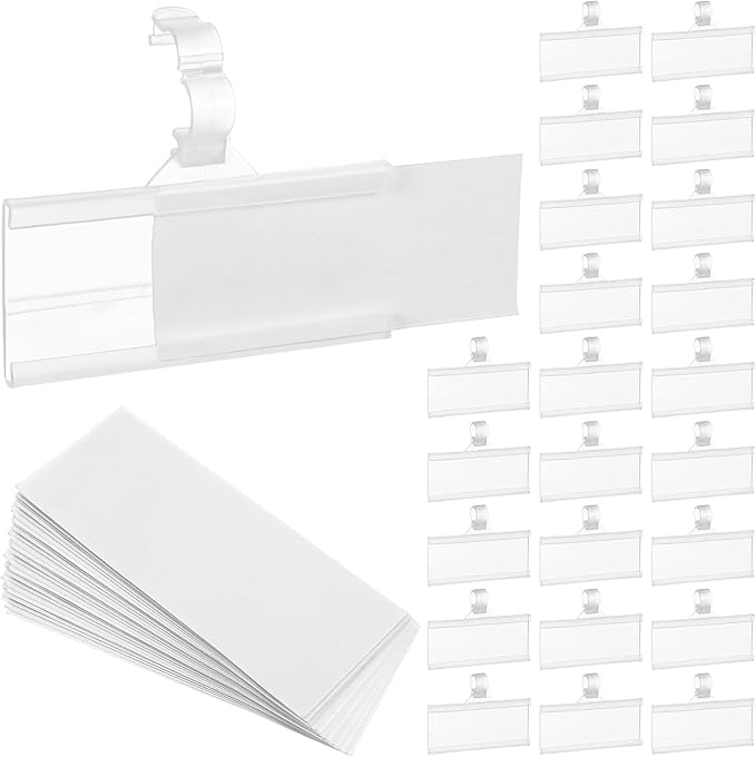 200 Pcs Plastic Wire Shelf Label Holders with 200 Blank Cards - Reusable Snap Lock Price Tag Holders for Supermarket, Retail Store, Pantry Organization - Tight Grip for Wire Shelving (3" x 1.34")