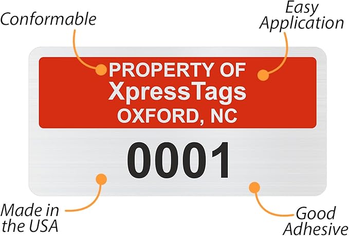 XpressTags 1" x 2" Custom Asset Tags with Consecutive/Serial Number, Fixed Inventory Asset Labels, Brushed Metalized Silver Polyester Stickers - Pack Sizes 100 to 5000, Made in USA