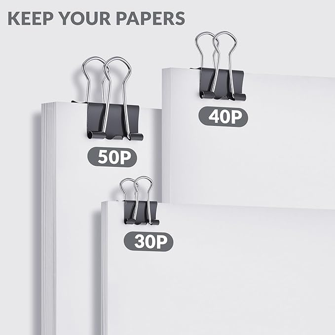 NEEWAY 100 Count Binder Clips Assorted Sizes, Paper Binder Clips (0.6inch 0.75inch 1inch), Metal Paper Clamps for Office and Home, Black