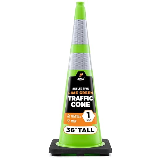 Xpose Safety 36” Lime Green Traffic Cone Dual 6" & 4" Reflective Collar – 1 Pack Multipurpose Premium PVC Safety Cone for Parking, Caution, Construction, Road Crews, Emergency Vehicle - DOT Approved