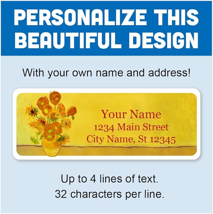 Personalized Return Address Labels - Van Gogh Sunflowers - 60-1000 Custom Self-Adhesive Stickers