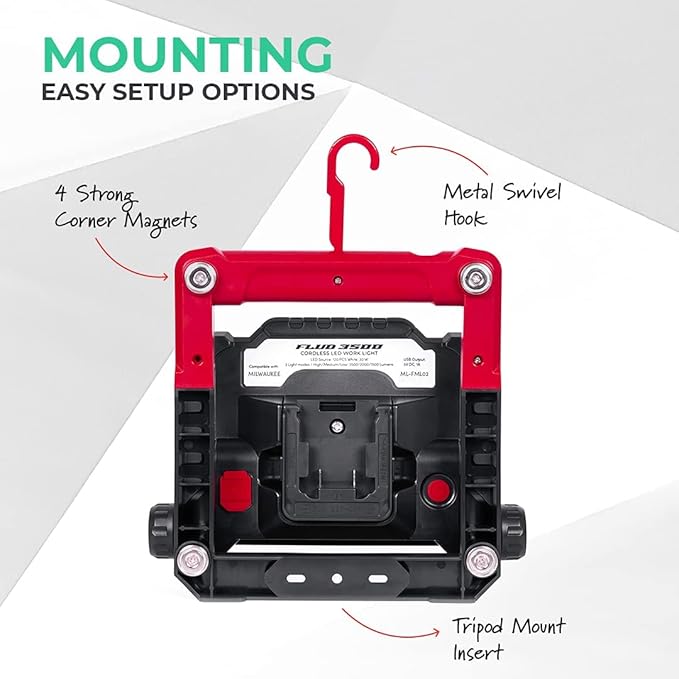 Master Tailgaters FLUD 4000 LED Work Flood Light Compatible for Milwaukee 18v Battery